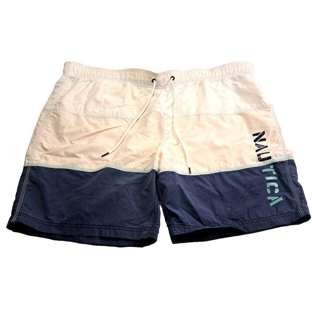 Nautica Swim Shorts Mens L Blue Good Colorblock Logo Drawstring T7430M